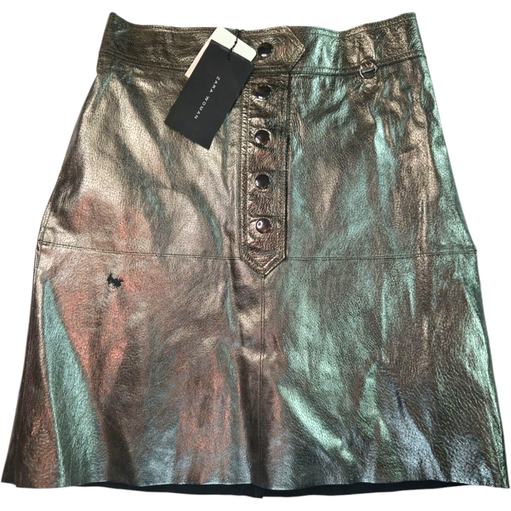 Zara Woman Aged Metallic Silver Faux Leather Button-Front Skirt Size Small NWT